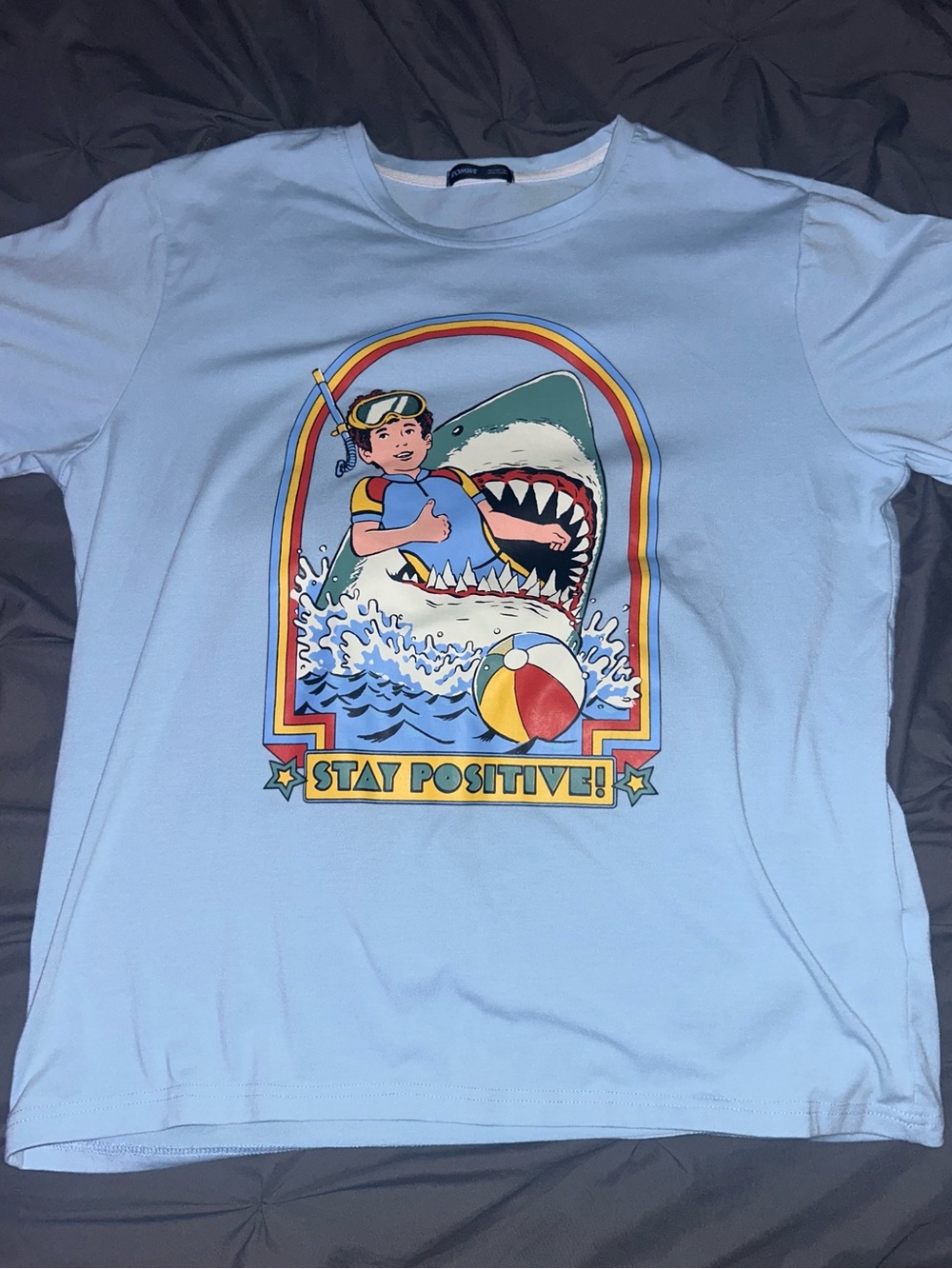 Adult XL Light Blue 'Stay Positive' Shark Graphic Swim Tee